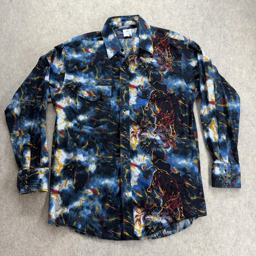 Vintage 90's Wrangler Long Shirt Men's Large Flame Bull Rodeo Western Pearl Snap